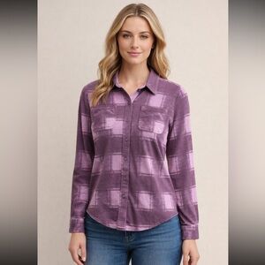 32 Degrees Heat Plaid Button-Up Knit Sweater Top Relaxed Fit